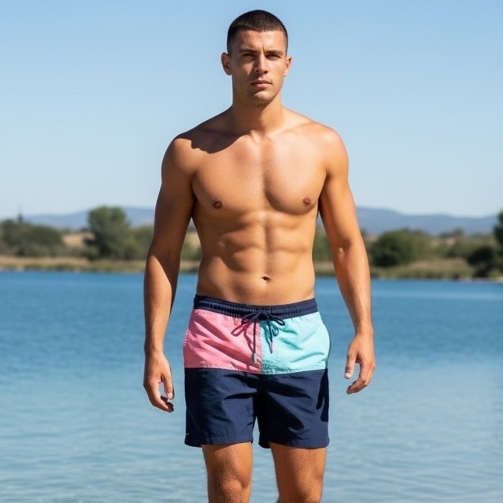 Boden Mens Colorblock Swim Trunks Navy‎ Pink Blue M0182 Size 32